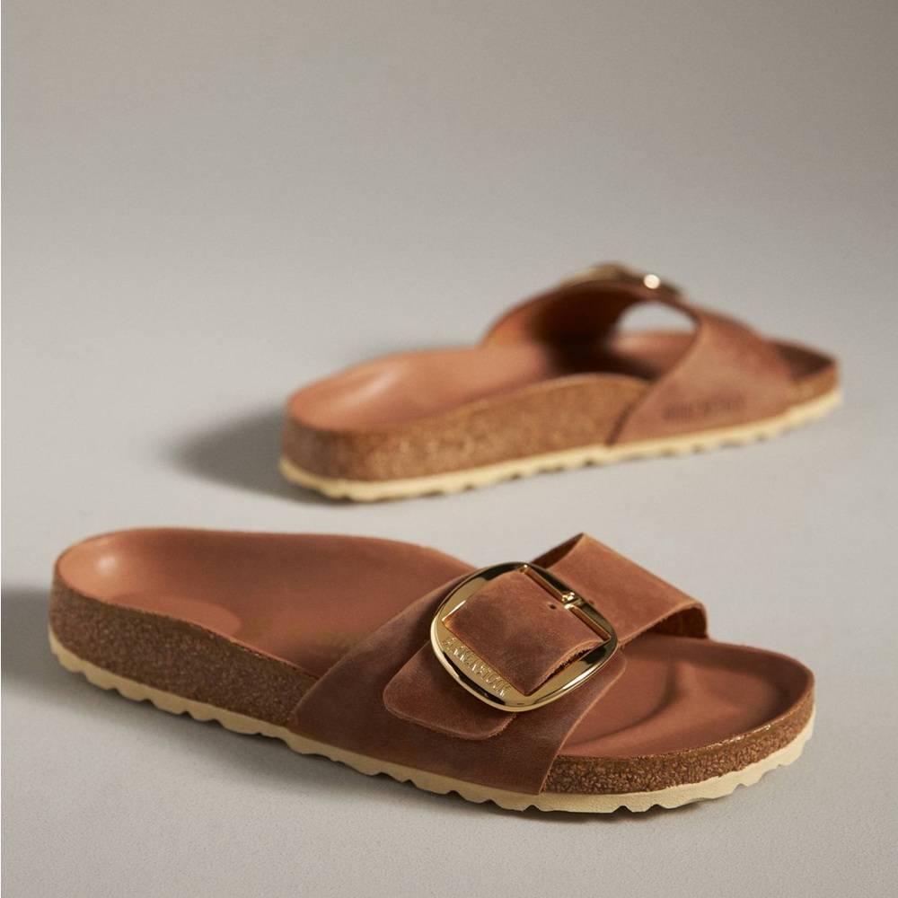 Birkenstock Brown Suede Madrid-Style Slide Sandals with Gold Buckle